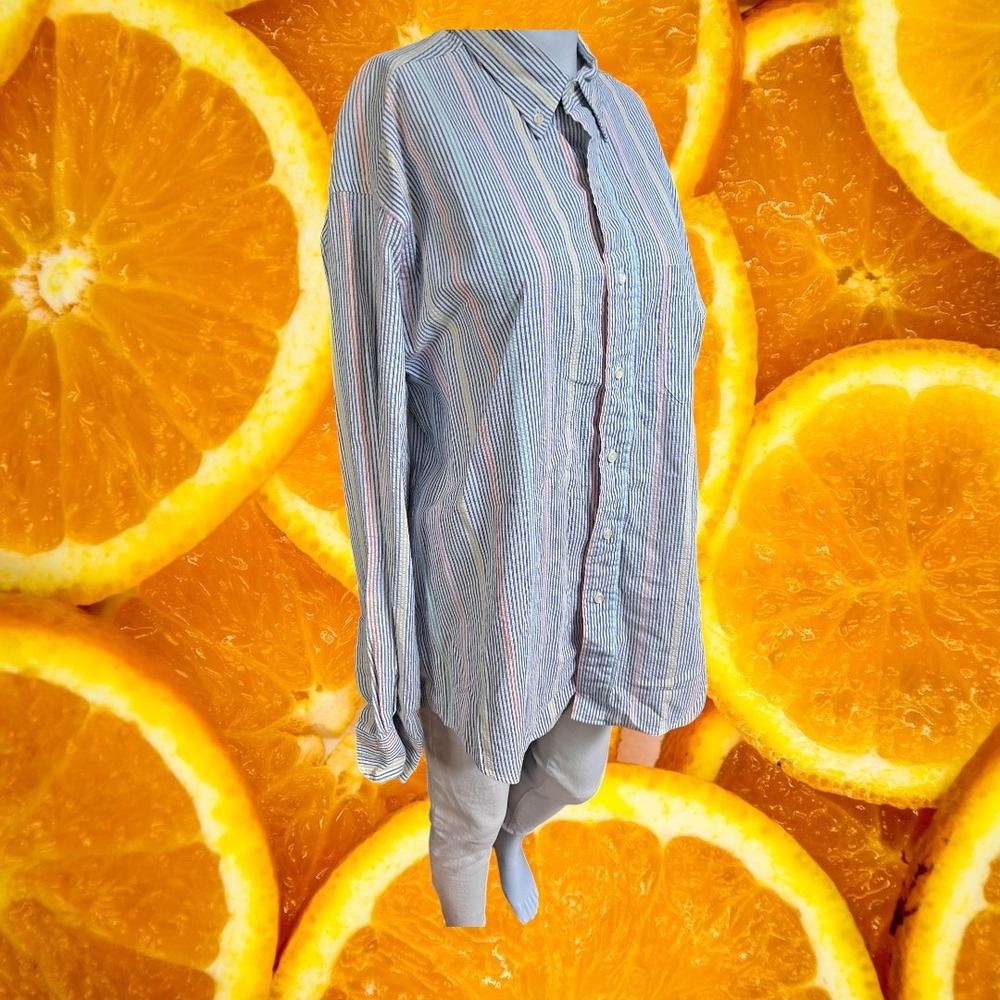 LL Bean Mens Large Striped Seersucker Button‎ Up Shirt Long Sleeve Colorful